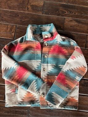 Aztec-Print Button Front Blazer Jacket in Teal, Red, Orange - Women